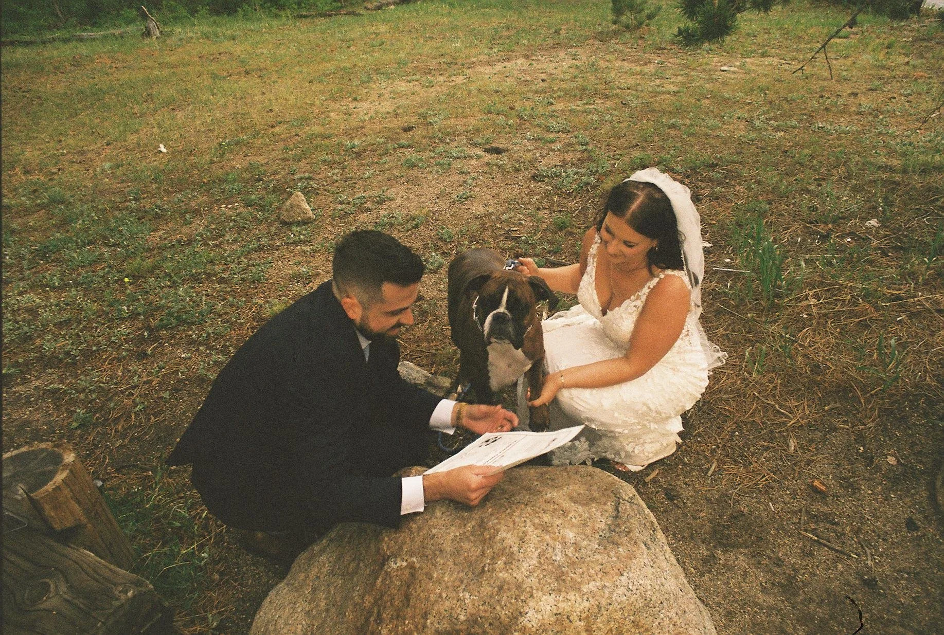 Two brides with their dog during a mountain wedding ceremony